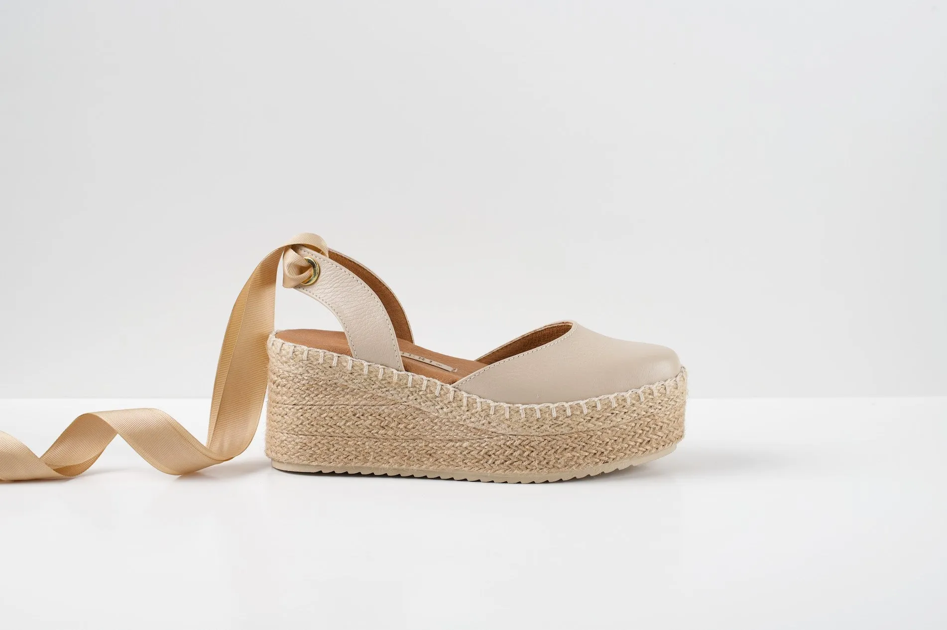 White Pebbled Leather Ribbon Espadrille Wedges sold by Folklore Shop
