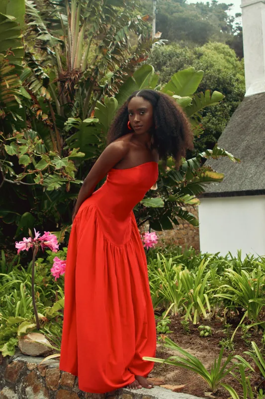 Amara — Red Linen Strapless Dress made by Folklore Shop