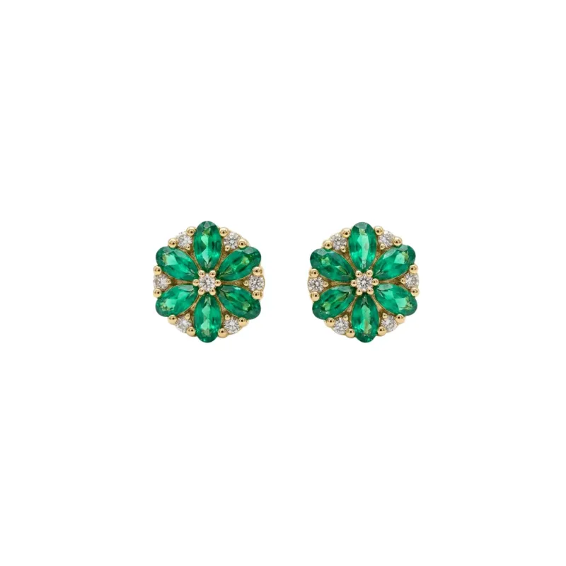 Pear Emerald & Round Diamond Floral Studs made by Folklore Shop