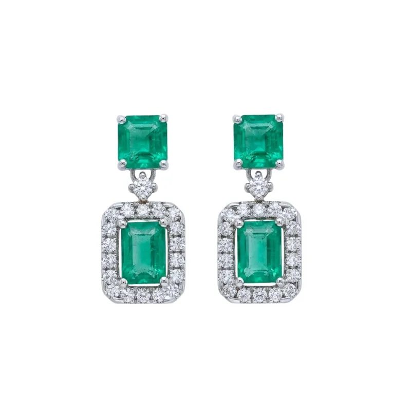 Emerald Cut Emerald & Diamond Halo Drop Earrings made by Folklore Shop