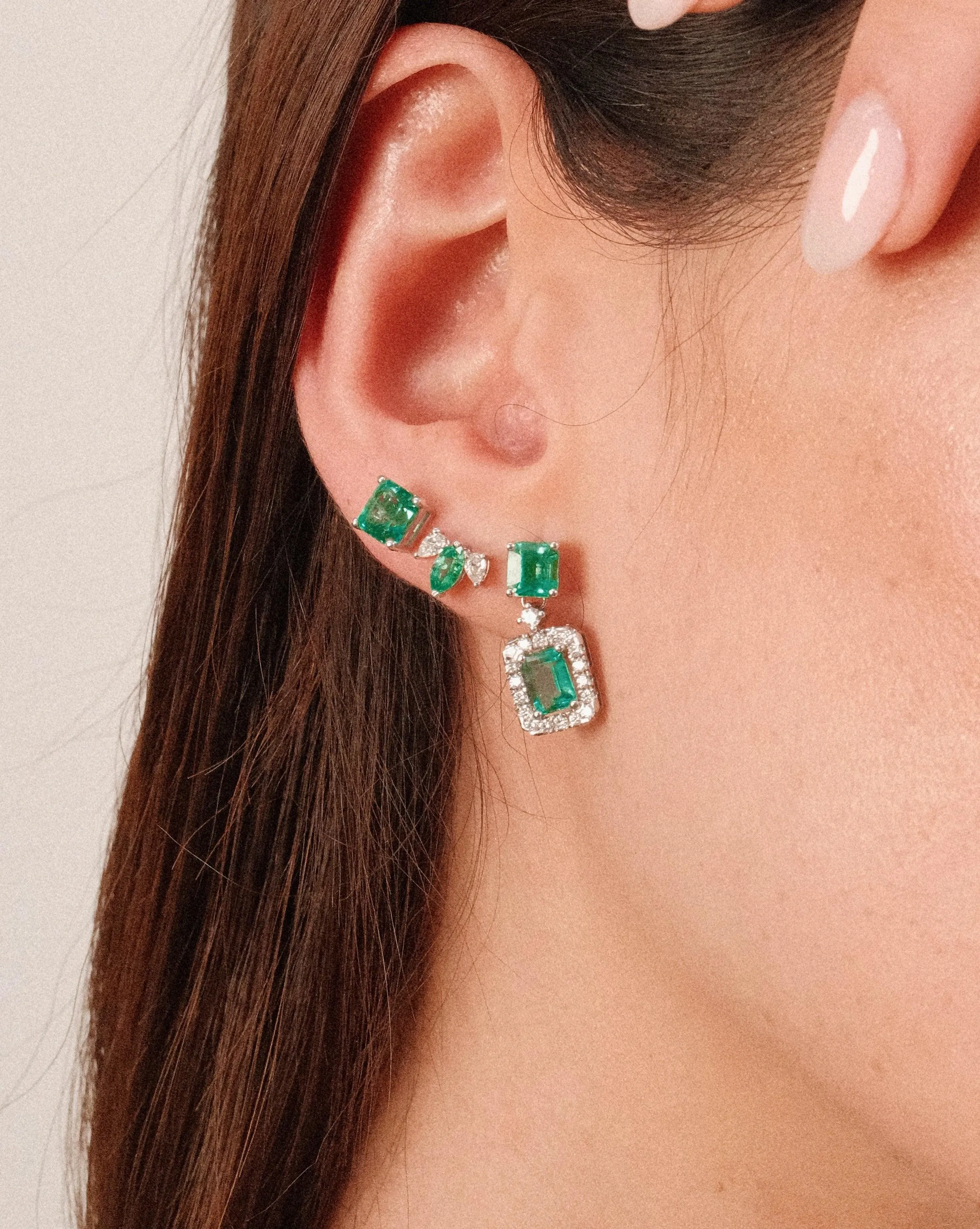 Emerald Cut Emerald & Diamond Halo Drop Earrings sold by Folklore Shop product image thumbnail 2