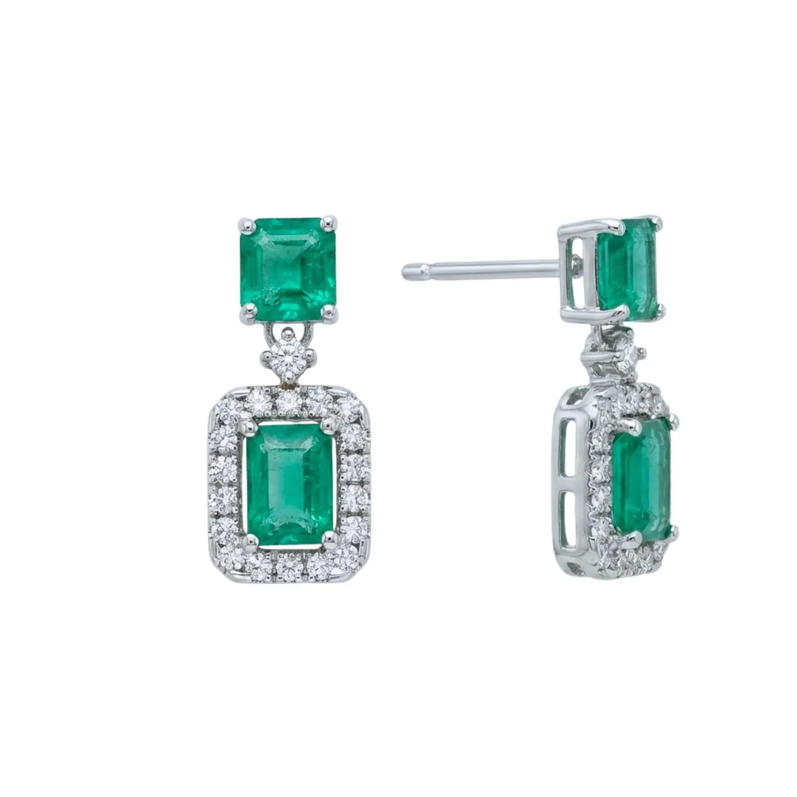 Emerald Cut Emerald & Diamond Halo Drop Earrings sold by Folklore Shop product image thumbnail 3