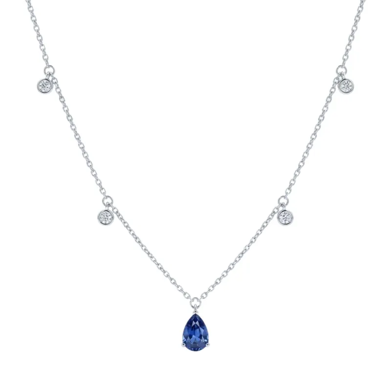 Pear Sapphire & Mini Round Diamond Necklace made by Folklore Shop