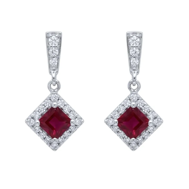 Princess-Cut Ruby & Diamond Drop Earrings made by Folklore Shop