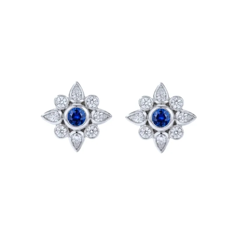 Round Sapphire with Pear & Round Diamond Halo Bezel Studs made by Folklore Shop