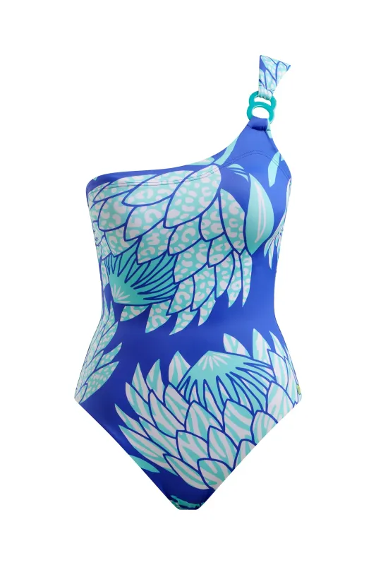 One Shoulder Swimsuit Blue Protea made by Folklore Shop