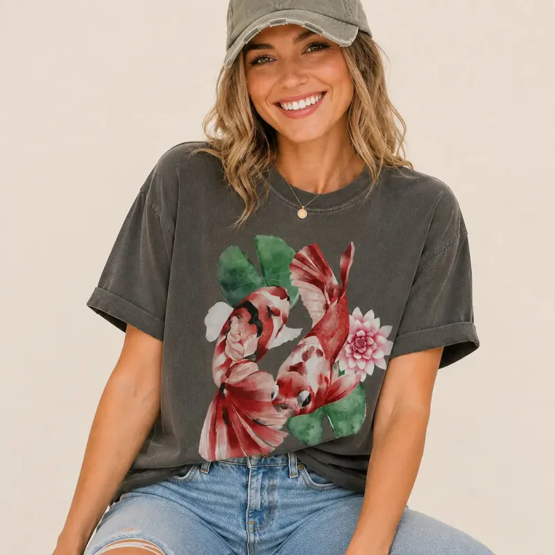 Koi Fish and Lotus Botanical Graphic Tee made by Folklore Shop
