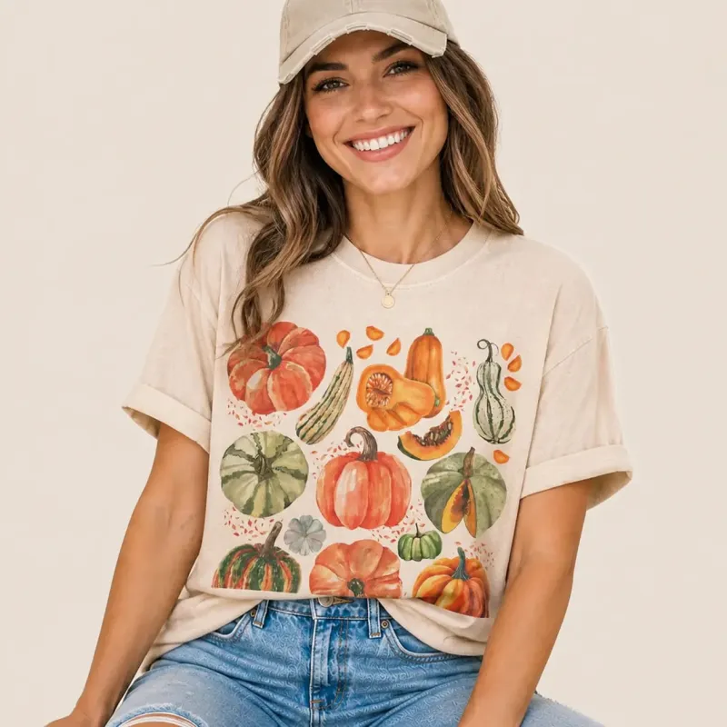 Watercolor Harvest Pumpkin Patch Graphic Tee made by Folklore Shop