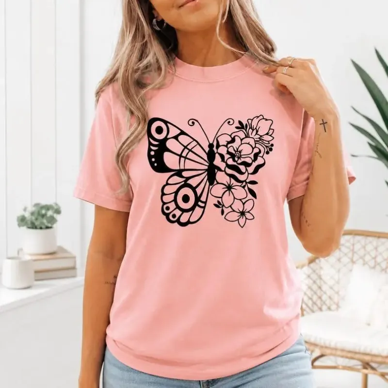 Floral Butterfly Split Wings Graphic T-Shirt | Light Pink Botanical Nature Cotton Tee made by Folklore Shop