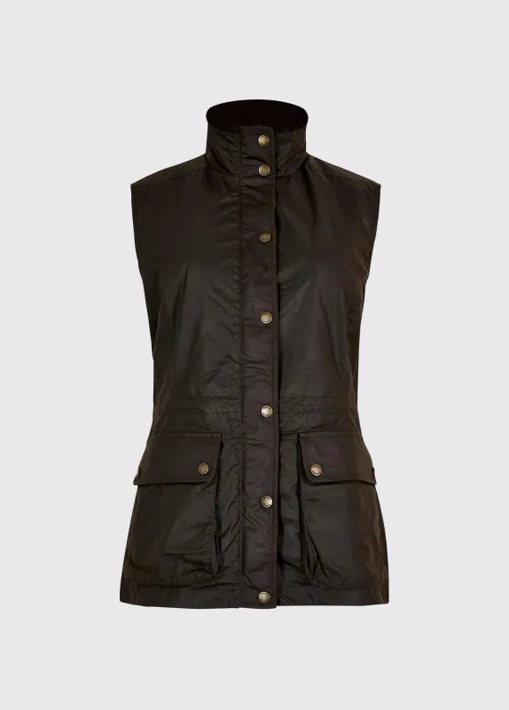 Rathsallagh Women's wax cotton gilet - Verdigris sold by Dubarry of Ireland