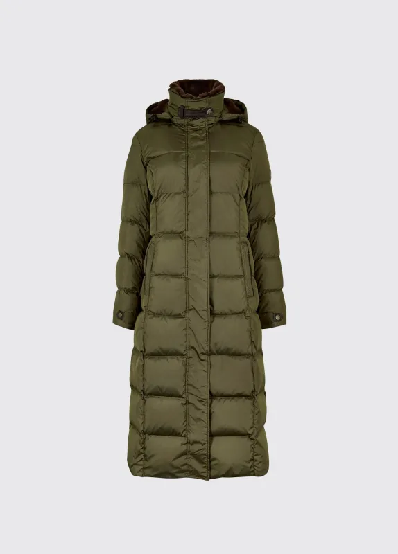 Aldborough Women's full length technical down jacket - Olive sold by Dubarry of Ireland
