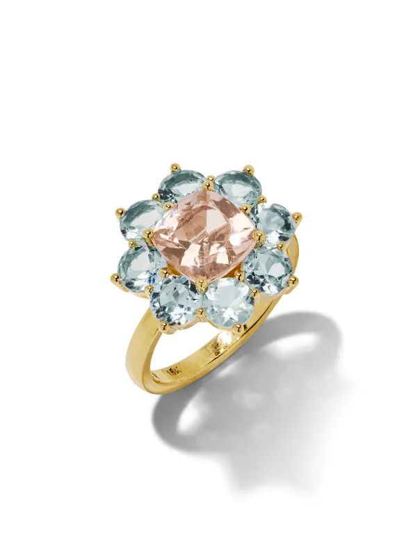 Aquamarine & Morganite Statement Flower Yellow Gold Ring sold by YLANG23