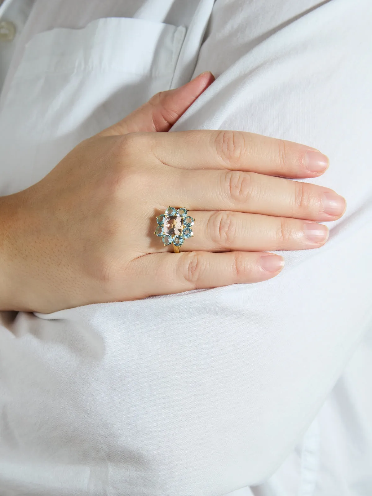 Aquamarine & Morganite Statement Flower Yellow Gold Ring sold by YLANG23 product image thumbnail 2