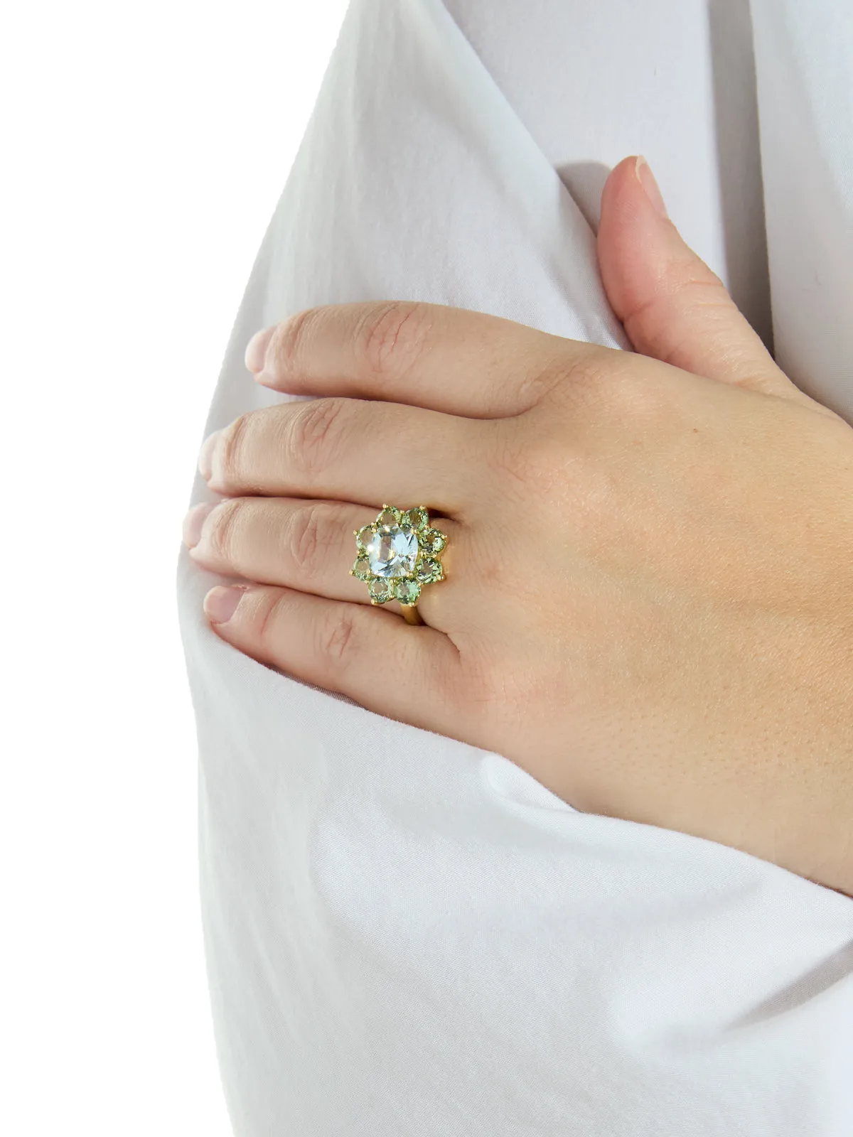 Mint Tourmaline & Aquamarine Statement Flower Yellow Gold Ring sold by YLANG23 product image thumbnail 2