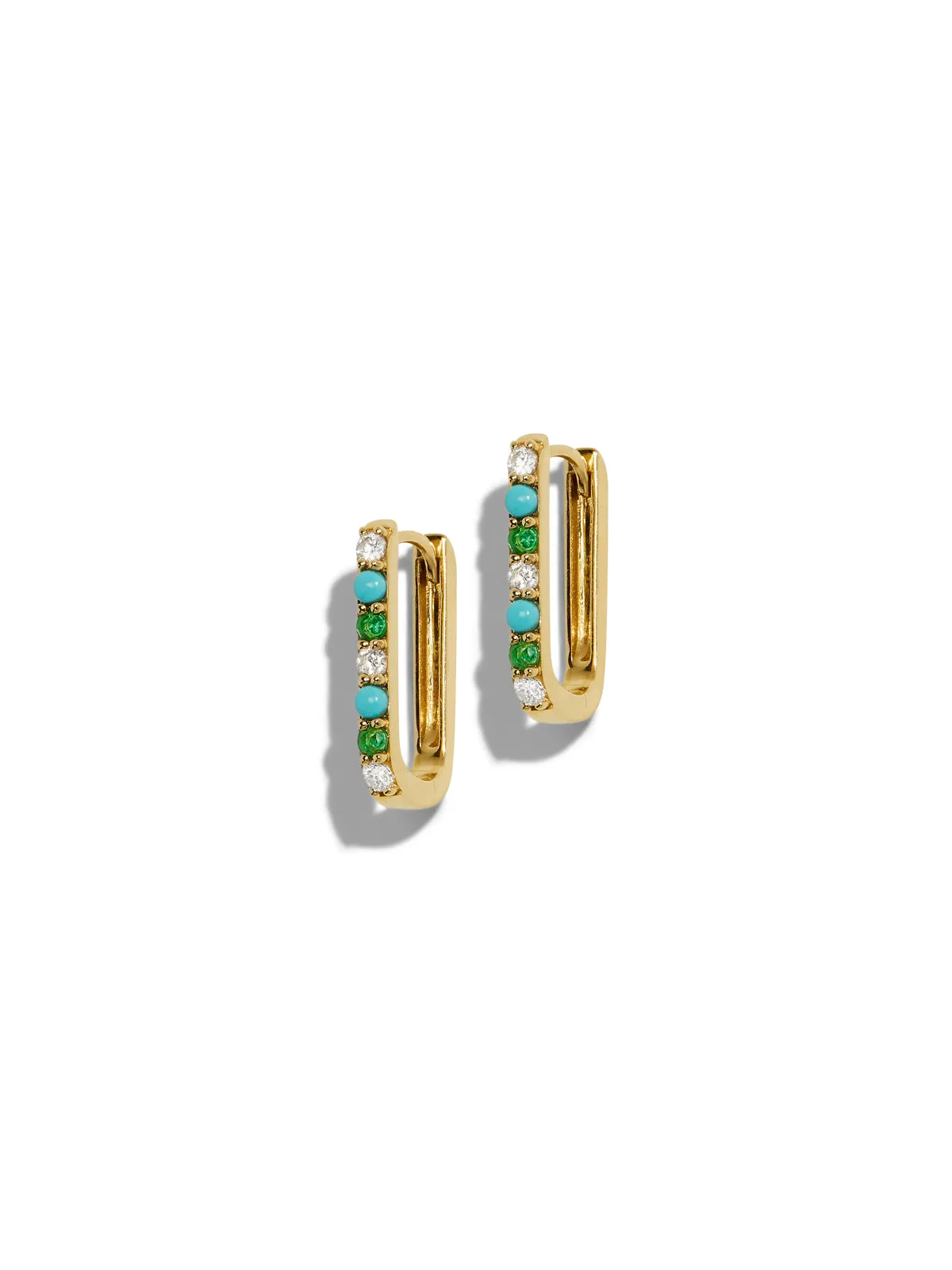 Diamond, Turquoise, & Emerald Small Paperclip Yellow Gold Earrings sold by YLANG23