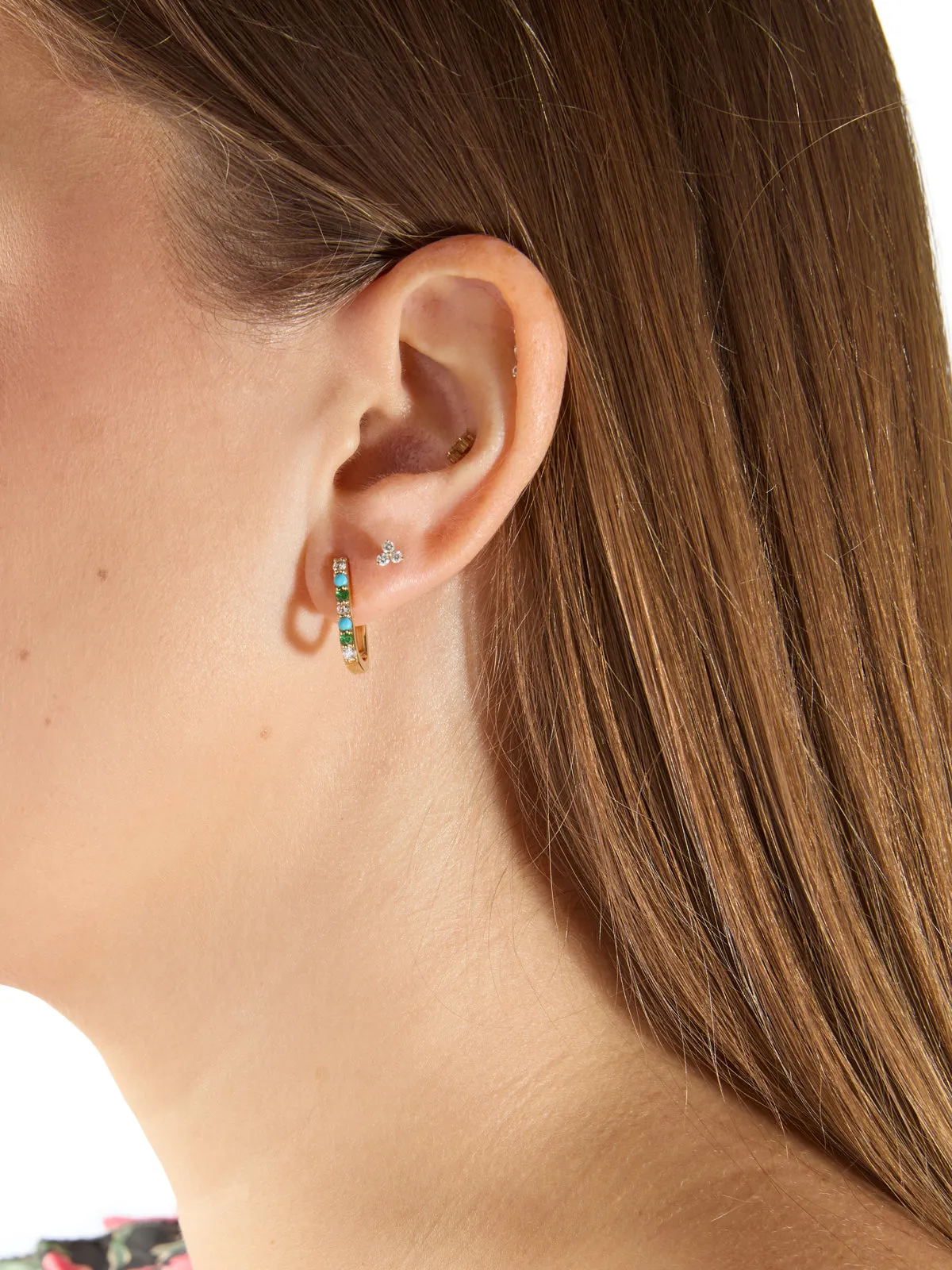 Diamond, Turquoise, & Emerald Small Paperclip Yellow Gold Earrings sold by YLANG23 product image thumbnail 2