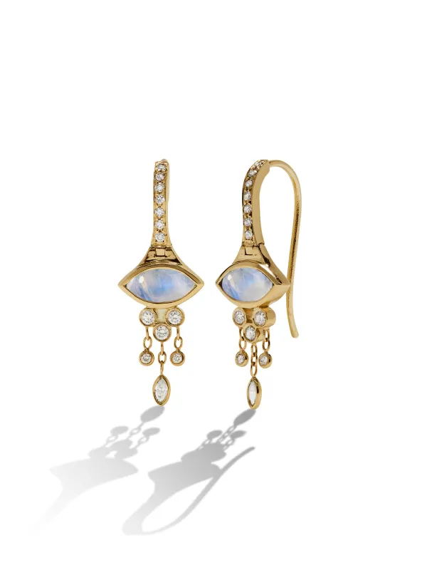 Moonstone Marquise & Diamond Dormeuse Yellow Gold Earrings sold by YLANG23