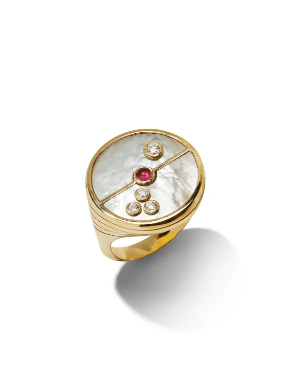 Mother of Pearl & Pink Spinel Compass Yellow Gold Ring sold by YLANG23
