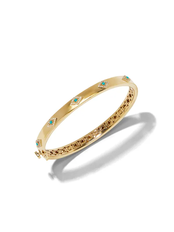 Diamond and Turquoise Evil Eye Hinged Yellow Gold Bangle sold by YLANG23