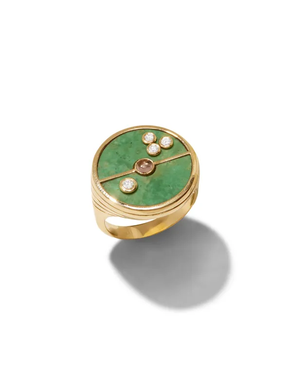Green Turquoise and Lotus Garnet Compass Yellow Gold Ring sold by YLANG23