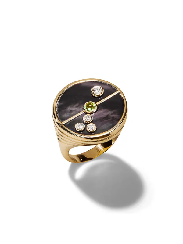 Dark Mother of Pearl and Mint Garnet Compass Yellow Gold Ring sold by YLANG23