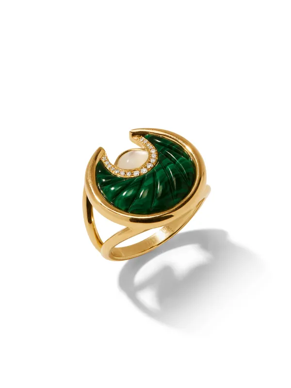 Malachite & Mother Of Pearl Big Circus Moon Yellow Gold Ring sold by YLANG23