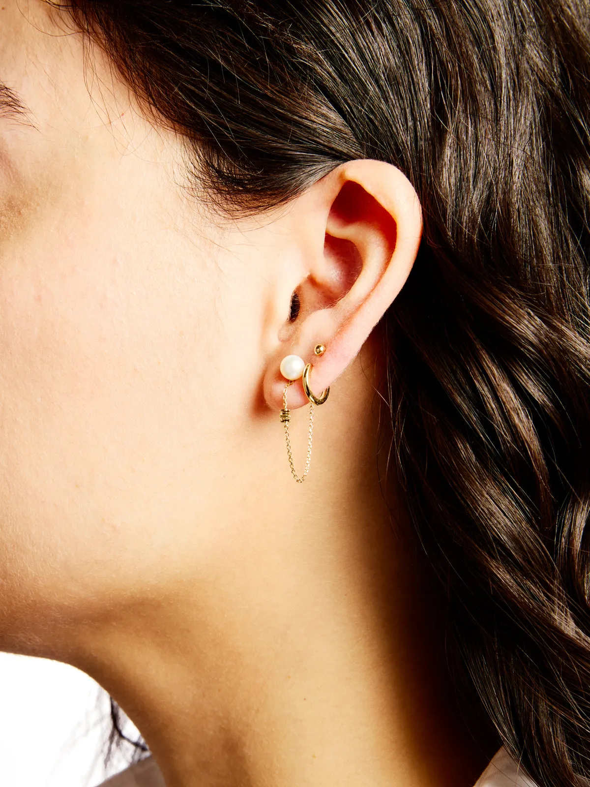 Diamond On Chain Pearl Post Yellow Gold Earrings sold by YLANG23 product image thumbnail 2