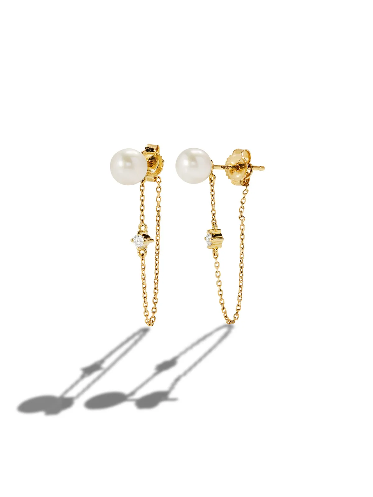 Diamond On Chain Pearl Post Yellow Gold Earrings sold by YLANG23