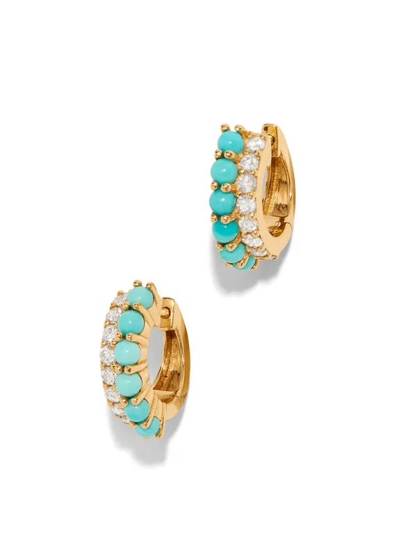 Turquoise & Diamond Yellow Gold Huggie Hoop Earrings sold by YLANG23