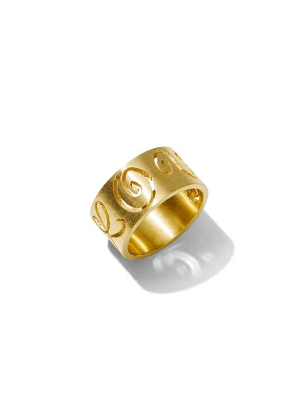 Wide Carved Love Yellow Gold Band Ring sold by YLANG23