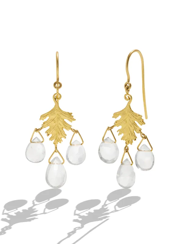Small Yellow Gold Leaf Earrings with Rainbow Moonstone sold by YLANG23