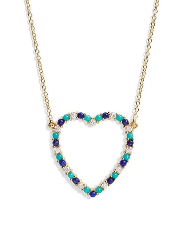 Large Diamond, Turquoise, & Lapis Open Heart Yellow Gold Necklace sold by YLANG23