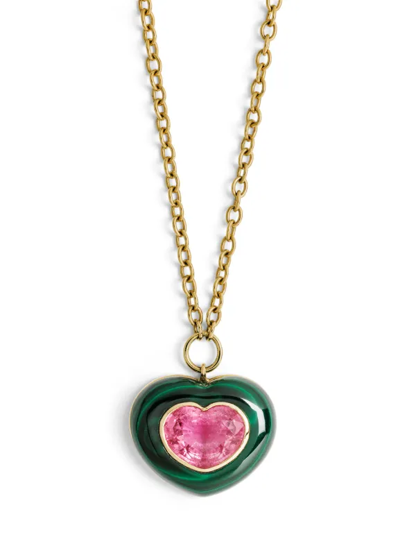 Malachite & Pink Tourmaline Lollipop Yellow Gold Pendant Necklace sold by YLANG23