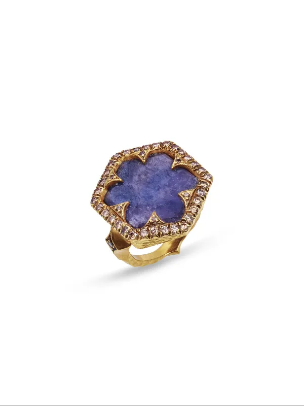 Cognac Diamond Framed Rustic Sapphire Hex Yellow Gold Ring sold by YLANG23