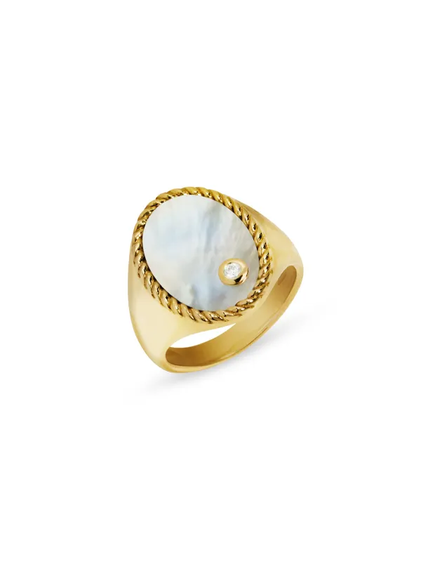 Oval Mother of Pearl Cheveliere Yellow Gold Signet Ring sold by YLANG23
