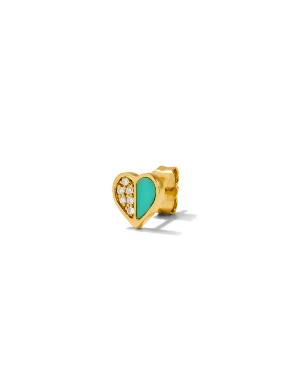Diamond & Turquoise Inlay Heart Yellow Gold Single Stud Earring sold by YLANG23