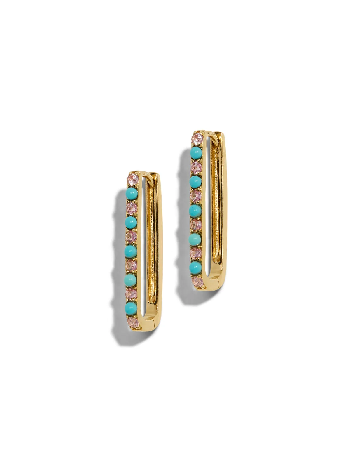 Turquoise & Pink Sapphire Large Paperclip Yellow Gold Hoop Earrings sold by YLANG23