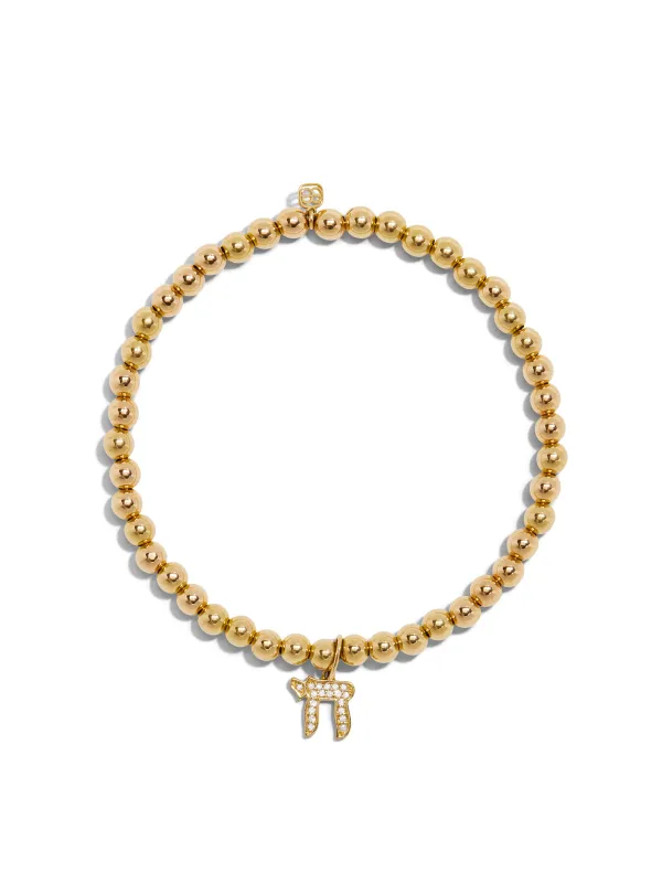 Pave Chai Charm on Yellow Gold Beaded Bracelet sold by YLANG23