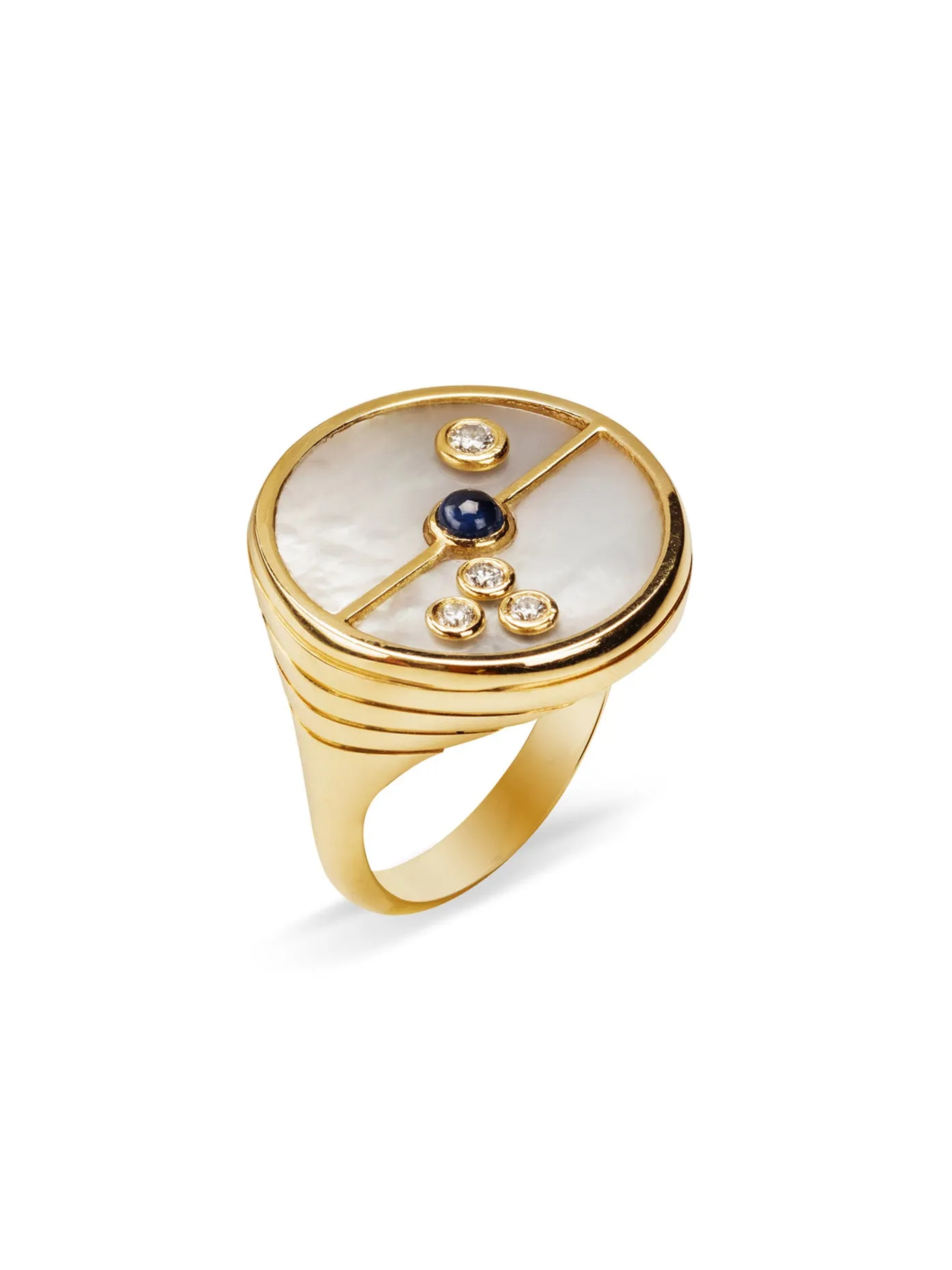 Mother of Pearl and Blue Sapphire Compass Yellow Gold Ring sold by YLANG23