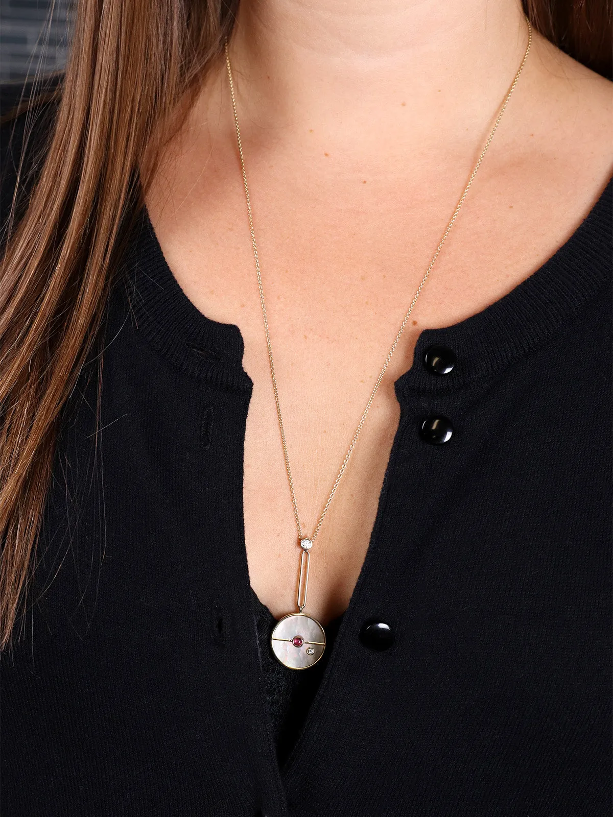 Signature Mother of Pearl and Pink Spinel Compass Yellow Gold Necklace sold by YLANG23 product image thumbnail 2