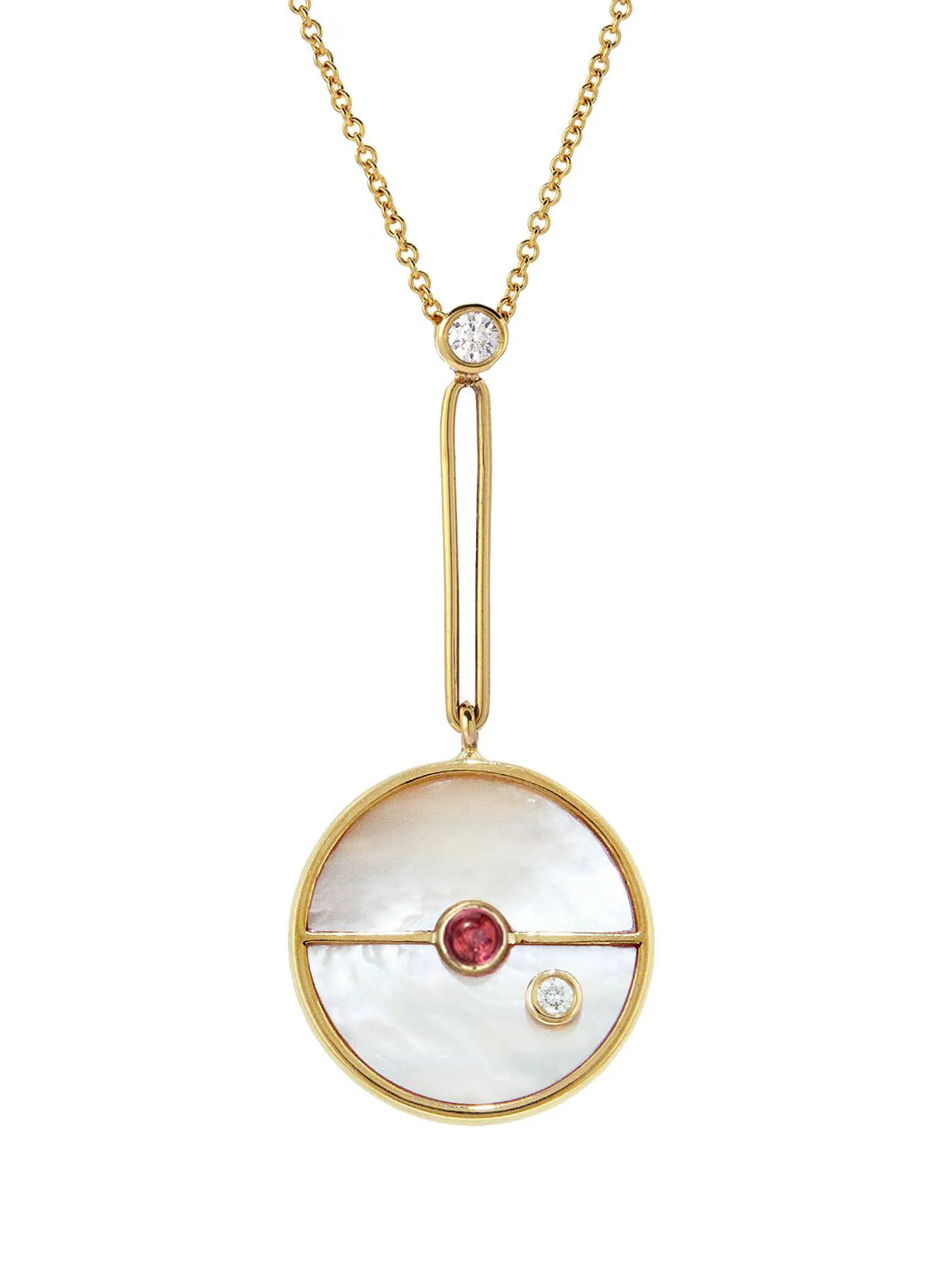 Signature Mother of Pearl and Pink Spinel Compass Yellow Gold Necklace sold by YLANG23