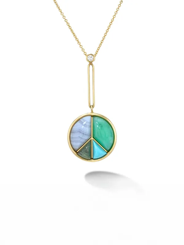 Signature Blue Multi Stone Peace Sign Pendant Yellow Gold Necklace sold by YLANG23
