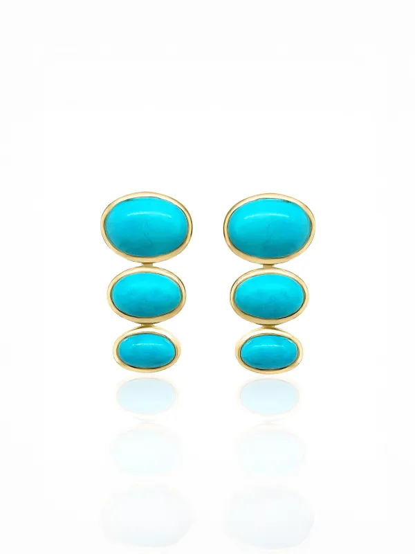 3 Stone Round Turquoise Yellow Gold Stud Earring sold by YLANG23