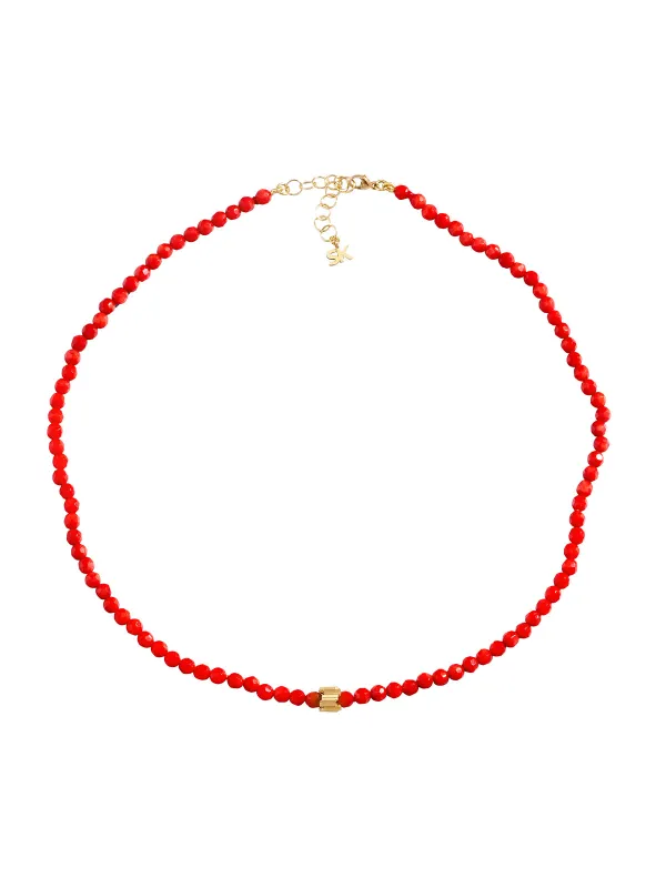 Mini Rondelle Round Red Coral Beaded Yellow Gold Necklace sold by YLANG23