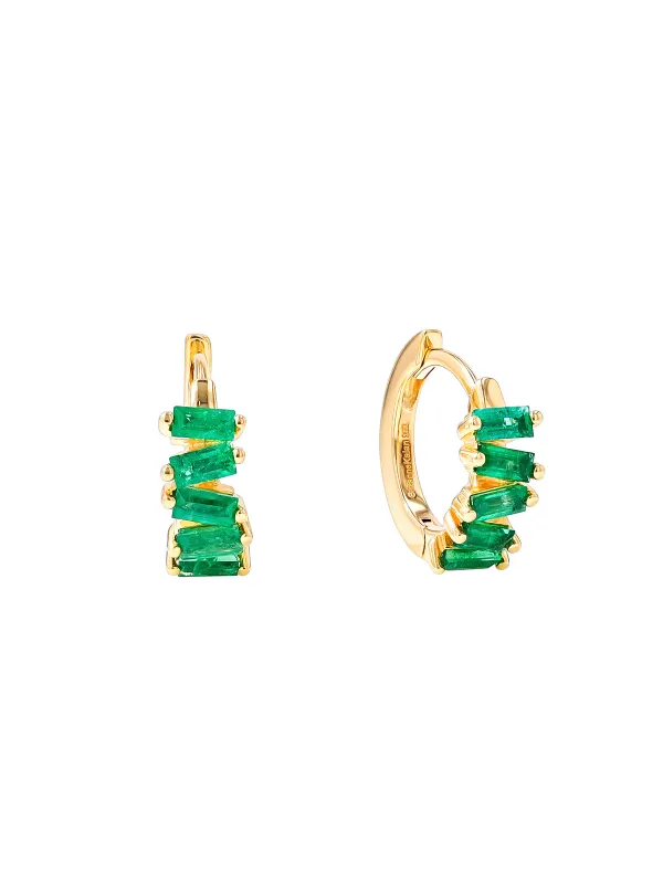 Bold Baguette Emerald Yellow Gold Huggie Hoops sold by YLANG23