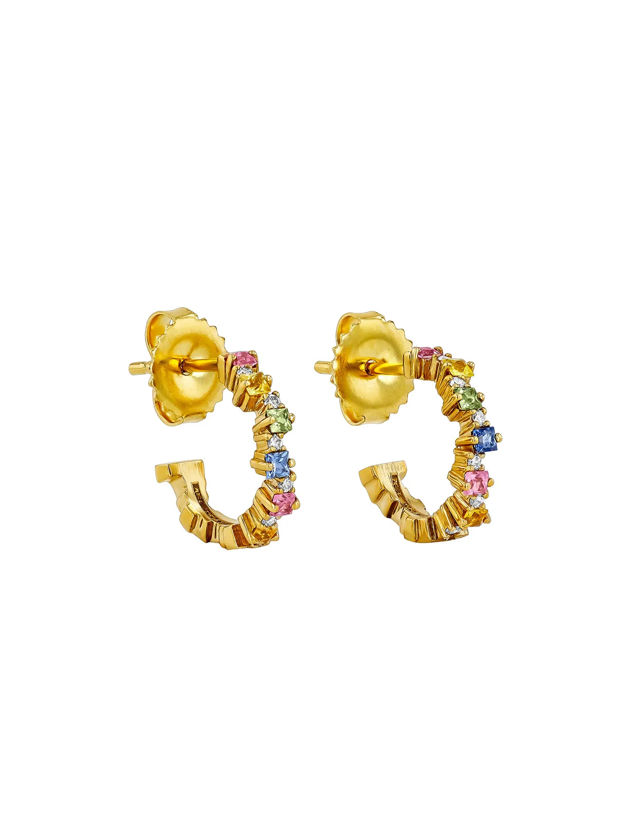 Princess Cut Staggered Pastel Sapphire Yellow Gold Mini Hoops sold by YLANG23