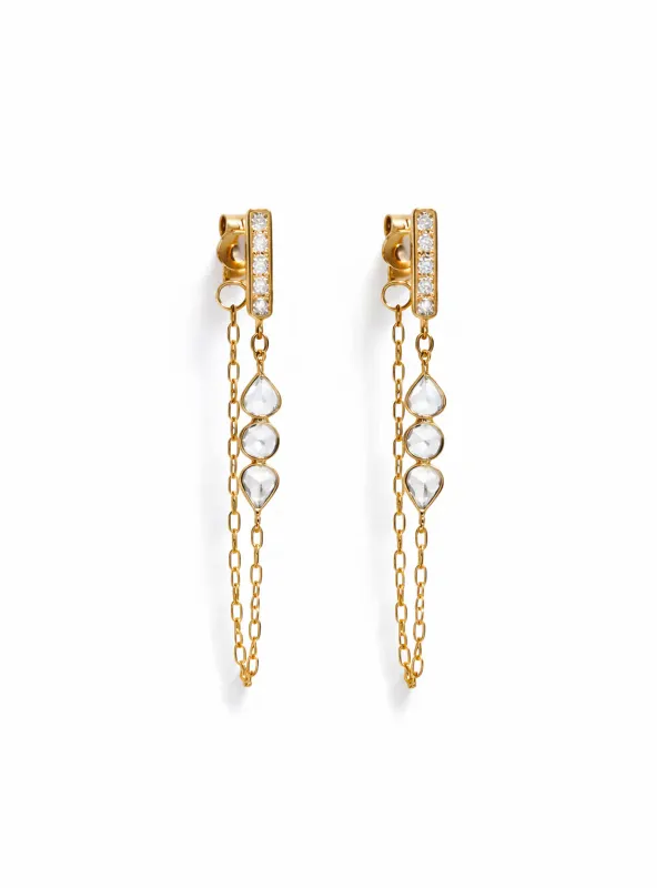 Three Rose Cut Diamond Chain Yellow Gold Earrings sold by YLANG23