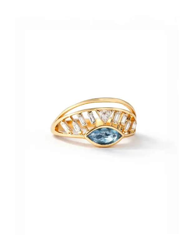 Aquamarine & Diamond Open Eye Crown Ring made by Celine Daoust