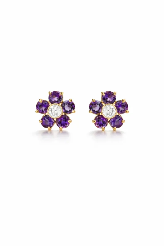 Large Amethyst and Diamond Flower Yellow Gold Stud Earrings sold by YLANG23