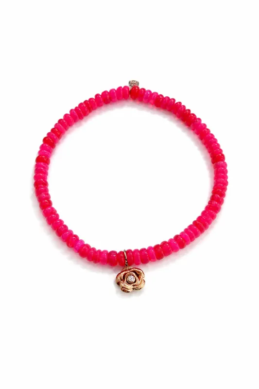 Rose Gold Rose Charm on Hot Pink Ethiopian Opal Beaded Bracelet made by Sydney Evan